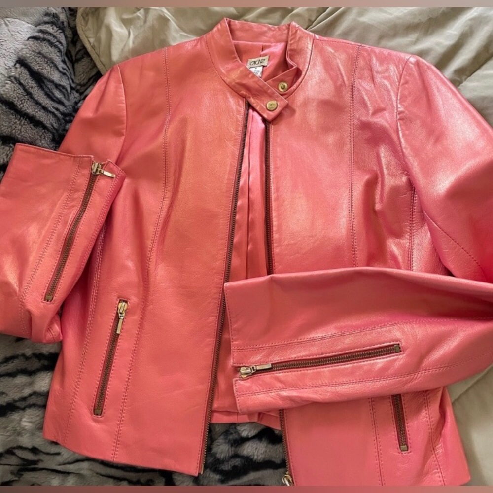 EUC Cache gorgeous iridescent coral lightweight zip up lined leather jacket.